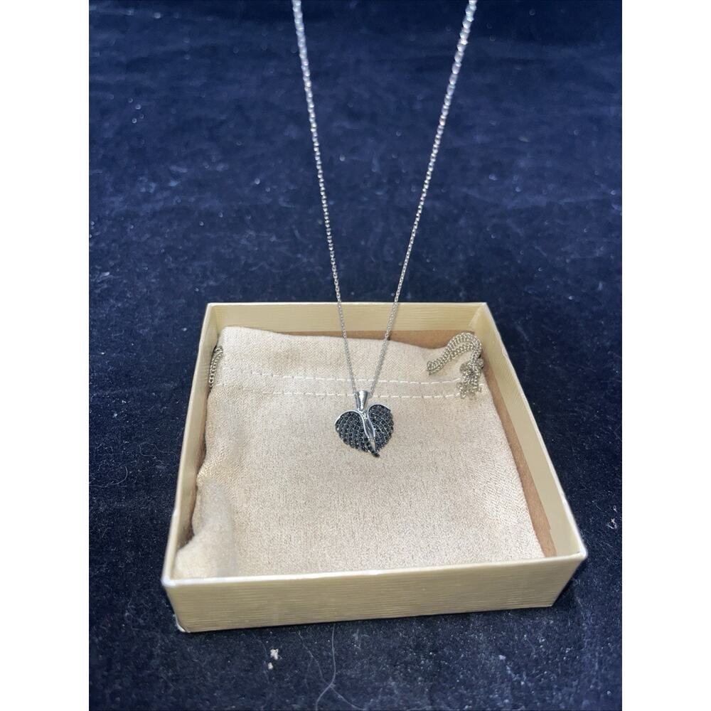 .68ctw Black Spinel Opening Angel Wing Heart Sterling Silver Necklace - Picture 5 of 7